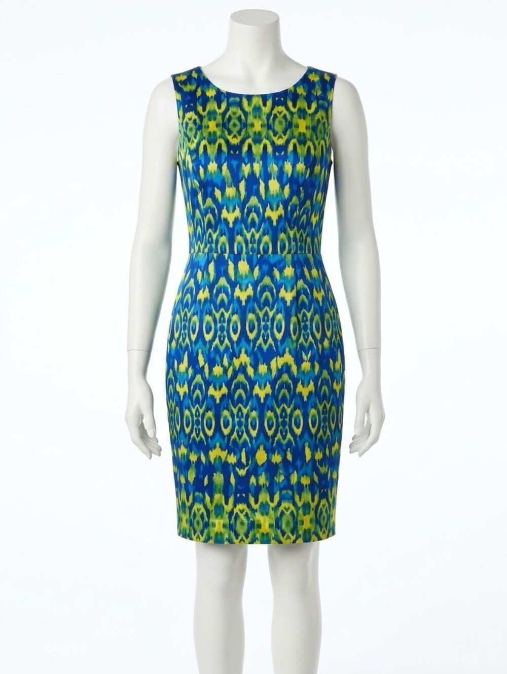 Evan Picone Blue and Green Ikat Sheath Dress
